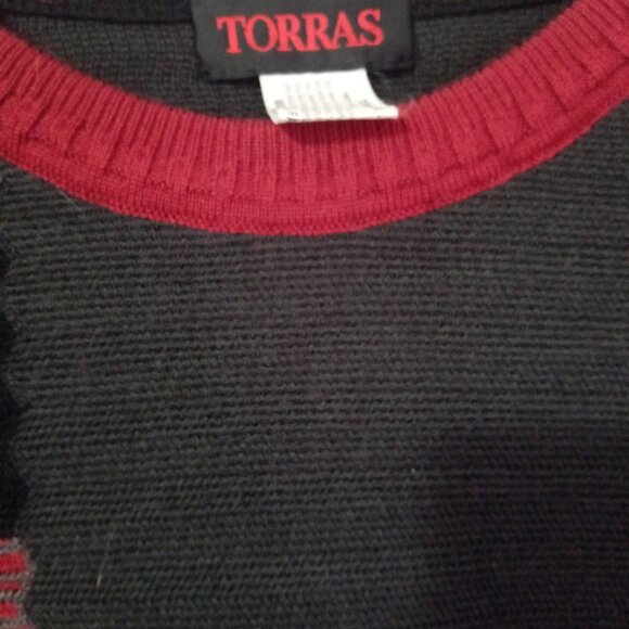 Vintage Torras Men's Red and Black Block Print Sweater Retro Wool Blend Size L - Picture 4 of 10